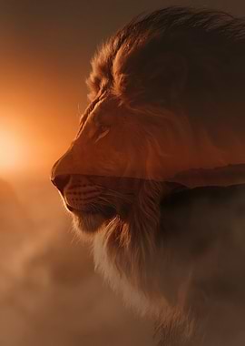Lion Profile with Sunset Landscape Overlay