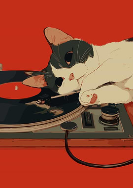 Vinyl Cat Poster, Cute Black White Cat Record Player Art, Whimsical Music Wall Print