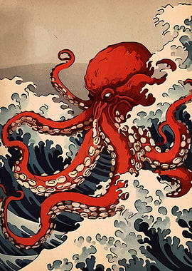 Red Octopus in Japanese Waves