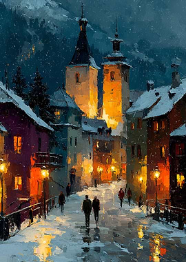 Snowy European Village at Night