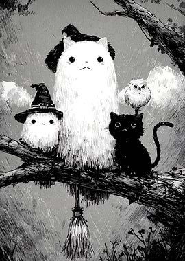 Whimsical Halloween Cats and Owl on a Branch