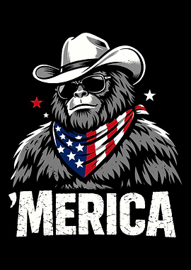 MERICA Bigfoot Poster, Funny Patriotic Sasquatch Cowboy Art, USA Flag Wall Print