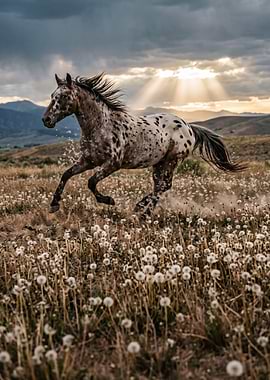 Appaloosa Horse Running Through Dandelions
