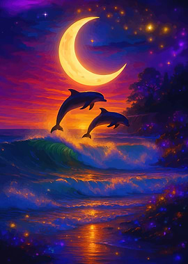 Dolphins Jumping Under a Crescent Moon