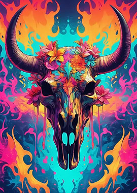 Vibrant Skull with Flowers and Flames