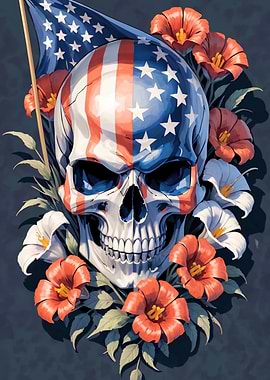 American Flag Skull with Flowers