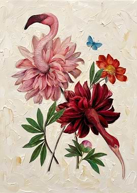 Flamingo and Ibis with Flowers