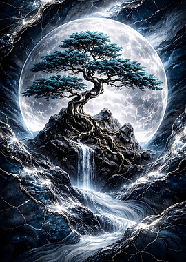 Enchanted Moonlit Bonsai Waterfall