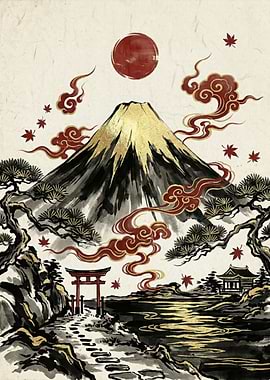 Mount Fuji with Sun and Torii Gate