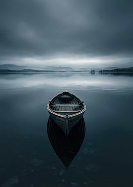 Lone Boat on a Misty Lake
