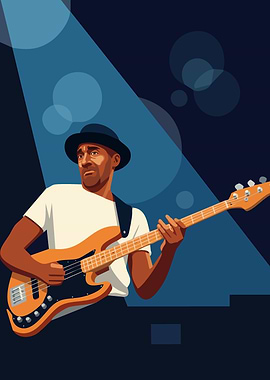 Man playing bass guitar under spotlight