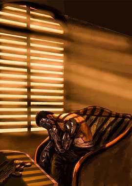 Man with cybernetic arm in distress