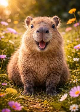 Happy Capybara in a Field of Flowers