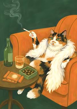 Sophisticated Cat Smoking and Drinking