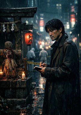 Detective Investigates Crime Scene in Rainy Tokyo
