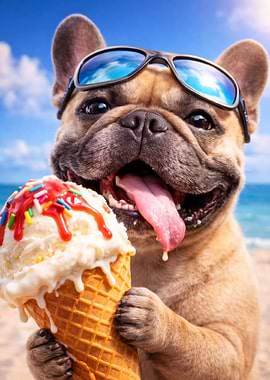 French Bulldog Enjoying Ice Cream on Beach