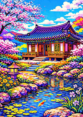 Vibrant Korean Garden with Pagoda