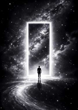 Man at glowing portal in space