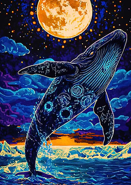 Whale Jumping Under a Full Moon