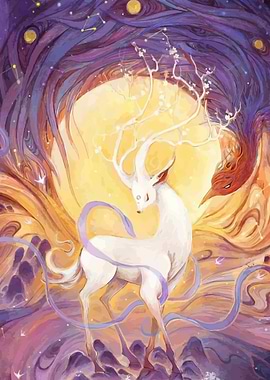 Mythical Deer and Phoenix in Celestial Setting