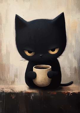 Grumpy Black Cat with Coffee