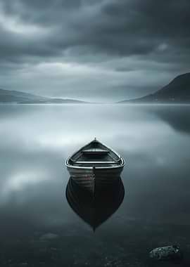 Lone Rowboat on a Misty Lake