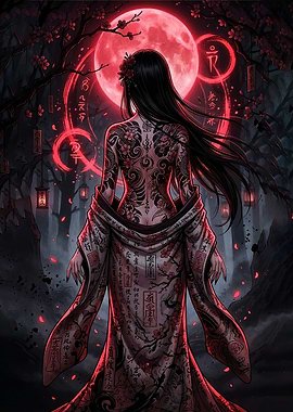 Tattooed Woman Under Red Moon