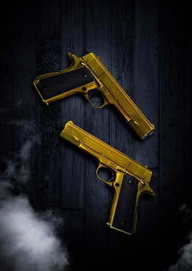 Golden Pistols on Dark Wood
