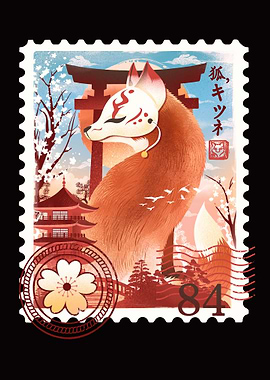 Kitsune Masked Fox Stamp
