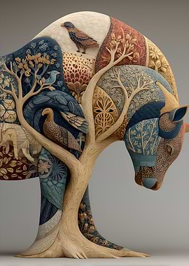 Tree-like Animal Sculpture with Birds