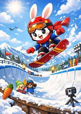 Cute Bunny Snowboarding in Winter