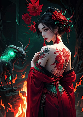 Geisha with Dragon and Flames