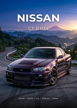 purple Nissan GT-R R34 in Japan poster