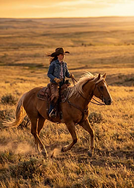 Cowgirl Riding Horse at Sunset