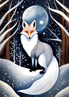 Fox in a Snowy Forest at Night