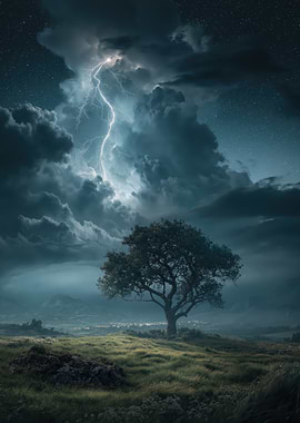 Dramatic Lightning Storm Over Tree