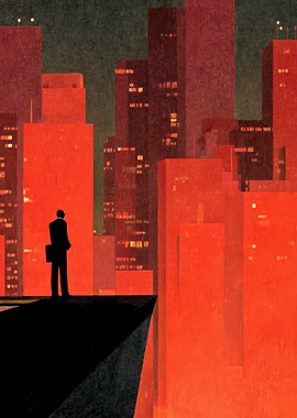 Businessman overlooking a red cityscape