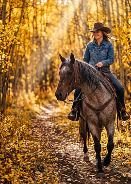 Cowgirl Riding Horse in Autumn Forest