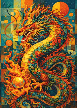 Vibrant Dragon with Fiery Orb