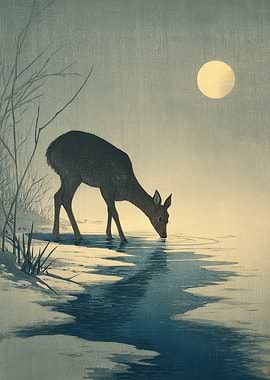 Deer Drinking Under the Moon