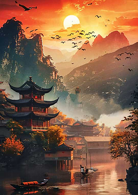 Asian Village at Sunset