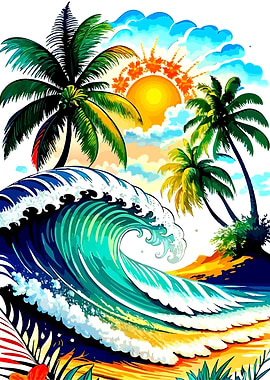 Tropical Beach Wave and Palm Trees