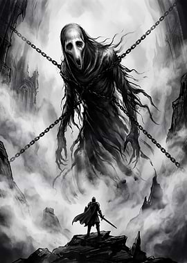 Knight faces chained monster in misty ruins
