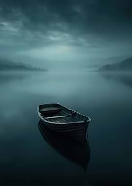 Serene Boat on Misty Lake