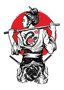 Geisha with Dragon Tattoo and Swords