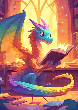 Rainbow Dragon Reading a Book