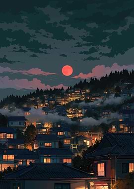 Japanese Village Under a Red Moon