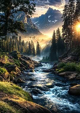 Misty Mountain River Sunrise