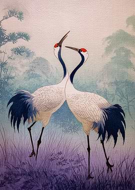 Two Cranes in a Misty Landscape