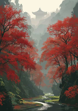 Misty Japanese Valley with Red Maple Trees
